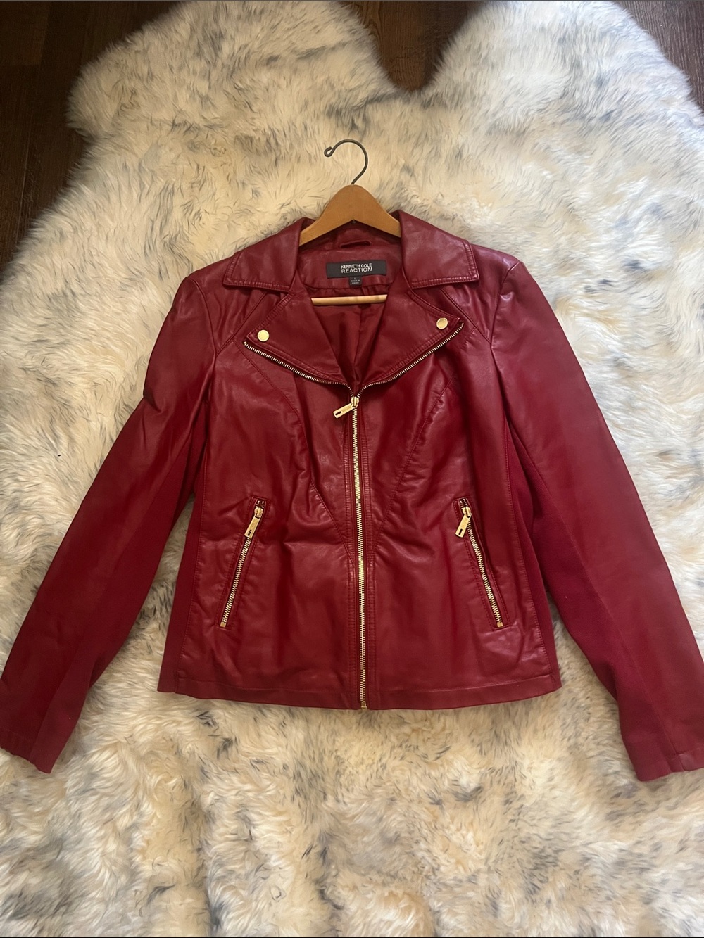 Kenneth Cole Reaction Red Faux Leather Moto Jacket with Gold Hardware